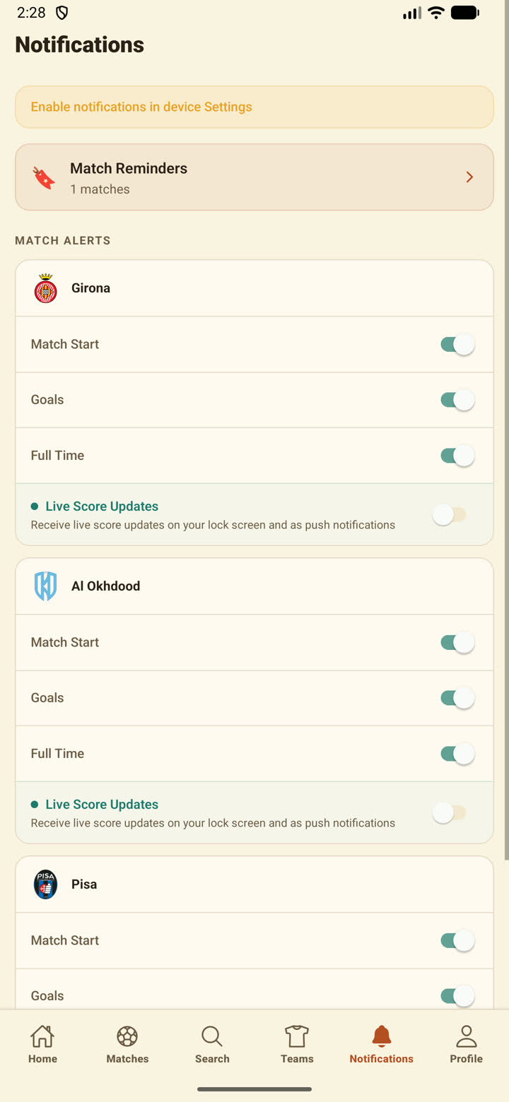 Per-team notification settings