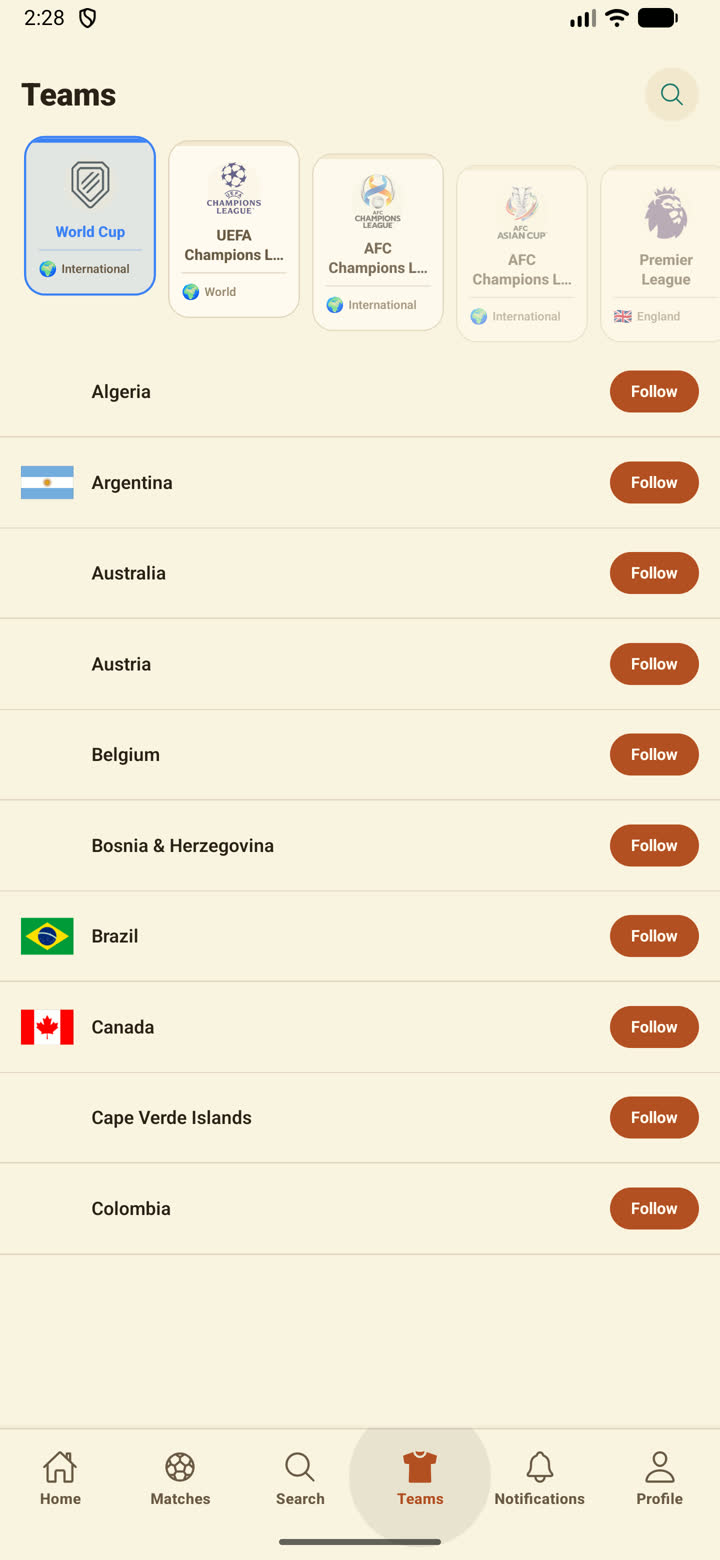 Teams list with follow buttons